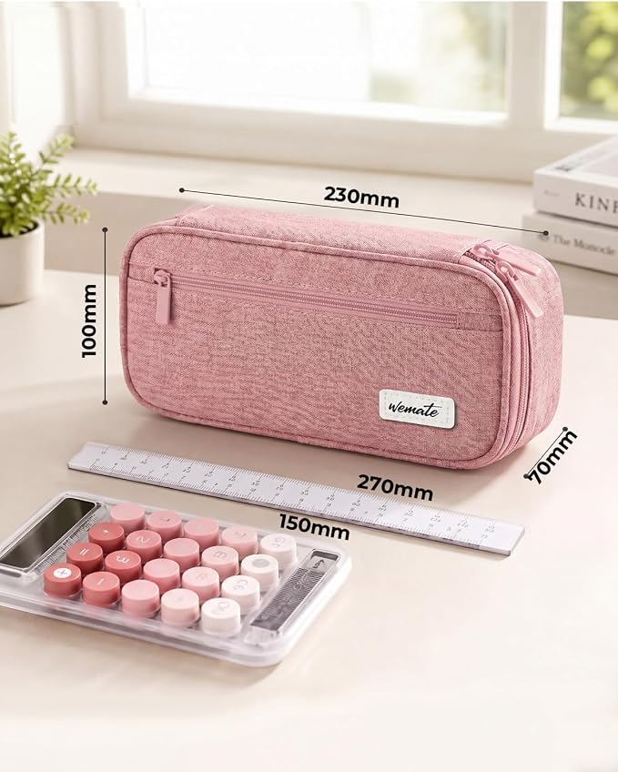 WEMATE Pencil Case, Large Capacity Pencil Pouch, Big Storage Organizer | for Stationery, Zipper Pen Bag, Travel Pen Box, Office Organizer Makeup Bag for Men Women Pink