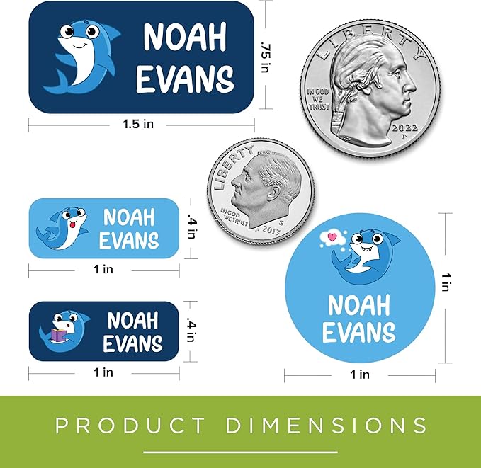 Personalized Daycare Name Labels for Kids, (130 Pack) Waterproof Custom Name Stickers for Clothing Tags, Lunch Boxes and School Supplies, Made in USA by MSC -Sharks