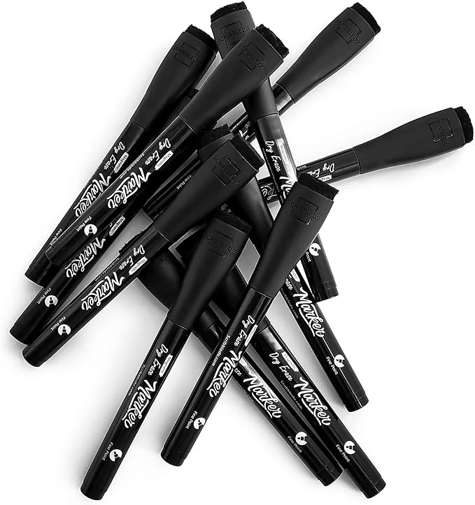 Scribbledo 12 Pack Magnetic Dry Erase Markers Black Fine Tip Whiteboard Markers with Eraser Cap Thin Low Odor Skinny White Board Markers for Adults Students Teachers Art Home School & Office