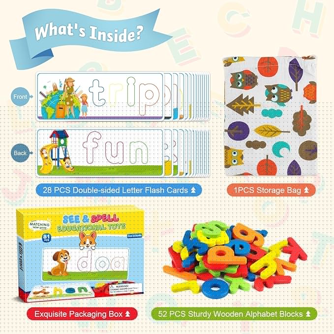 Officygnet Learning Toys for 3 4 5 6 Years Old Boys and Girls, See & Spell CVC Word Builders with Alphabet Cards for Kids Ages 3-5, Matching Letter Game for Preschool Toddler Learning Activities