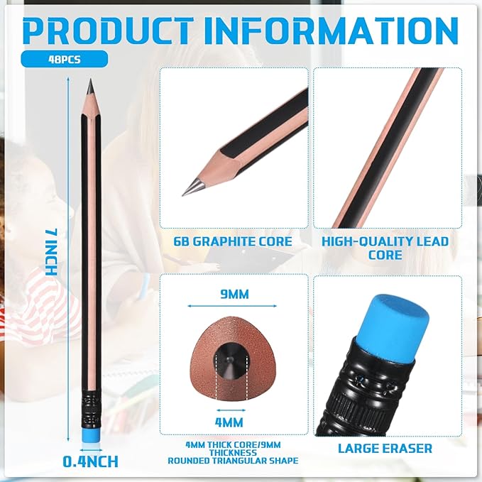 Seajan 96 Pcs 6b Jumbo Pencils, Big, Fat, Thick, Triangular Grip 7 Inch Large Pencils Refill with Eraser for Beginners Office Christmas Gifts(Black)