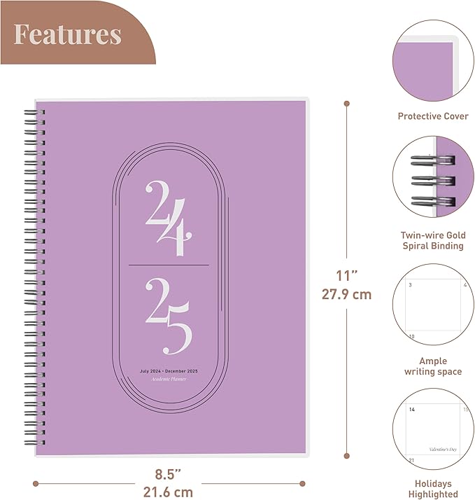 Rileys Academic Planner 2025-2026, Daily, Weekly & Monthly Planner, July 2025 - June 2026, Student Notes Pages, Twin-Wire Binding, Weekly Agenda for School & Work (8.5 x 11-Inches, Lilac)