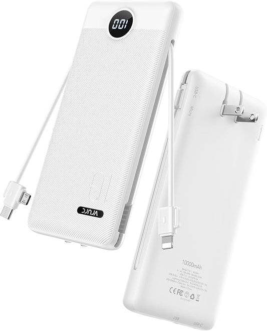 VRURC Portable Charger Power Bank - 10000mAh Fast Charging 22.5W PD 20W Slim Portable Charger Built in Cables,Power Bank with Cords,USB C Portable Phone Charger Travel Accessories -White