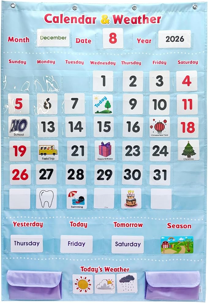 Morning Board Calendar for Toddlers - Preschool Learning Wall Chart for Classroom & Homeschool Interactive Educational Calendar with Pockets for Weather, Days of The Week, Seasons (Light Blue)