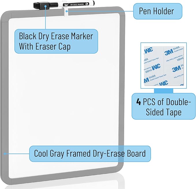 Mr. Pen- Dry Erase Board, 14” x 11” with a Black Dry Erase Marker, Gray Frame, Small Mini White Board for Students, Fridge, Wall, Locker, Includes Double Sided Tapes