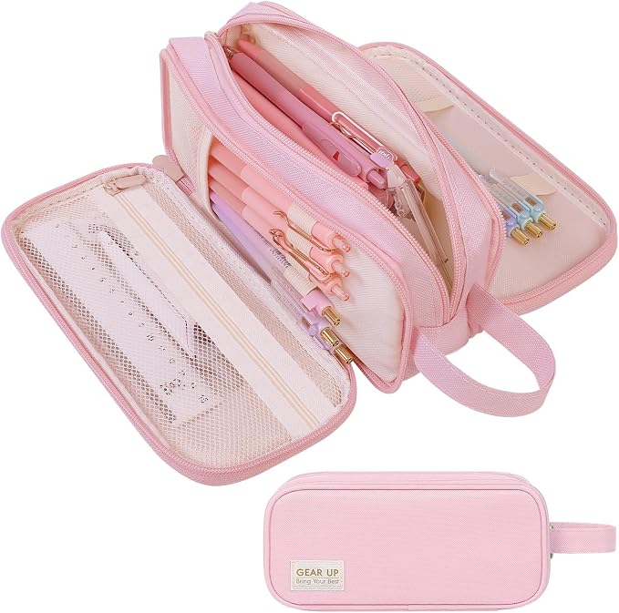SKYDUE Large Capacity Pencil Case with Handle, 3 Compartment Canvas Pencil Pouch, Cute Soft Color Pencil Bag for Pens, Markers, Aesthetic Stationery and Organizer for Teen Girls Adult, Pink