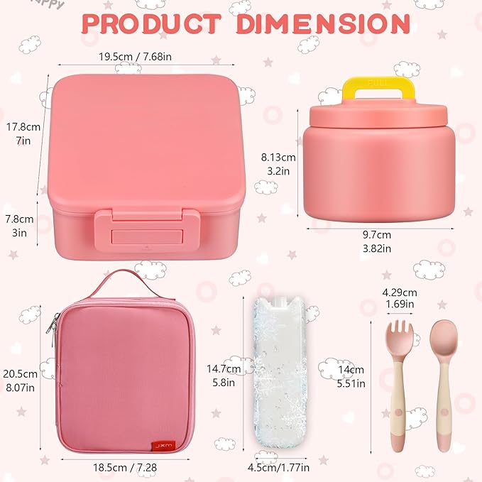 MAISON HUIS Bento Lunch Box with 8oz Soup Thermo, 5-Compartment Leak-Proof Container, Thermo Hot Food Jar and Insulated Lunch Bag, BPA Free,Travel, School (Pink)