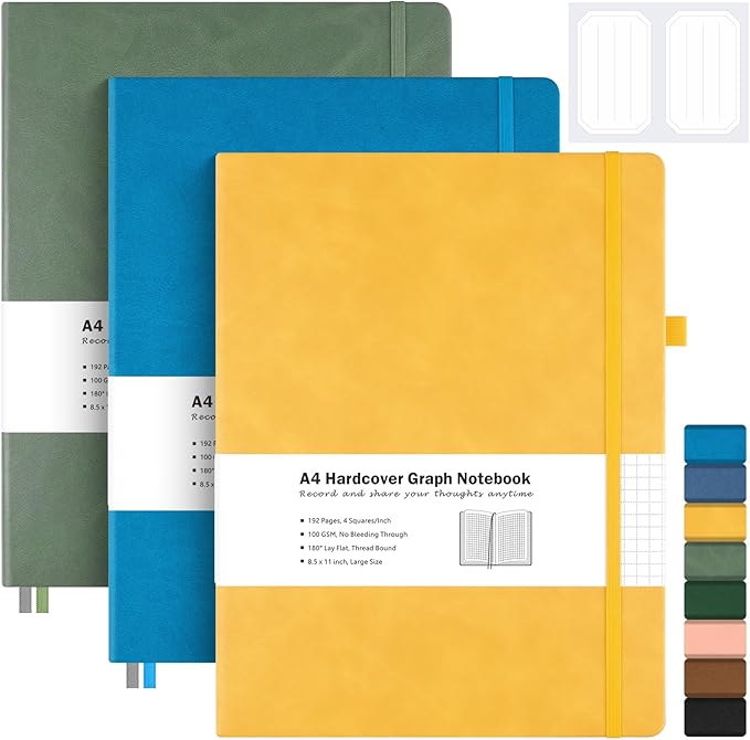 3 Pack Graph Paper Notebook, Hardcover Notebook 8.5 x 11, Grid Notebook Journal for Women, Men, Large Leather Journals for Writing, Thick Paper, A4 Notebooks for Work, School Supplies, Engineering