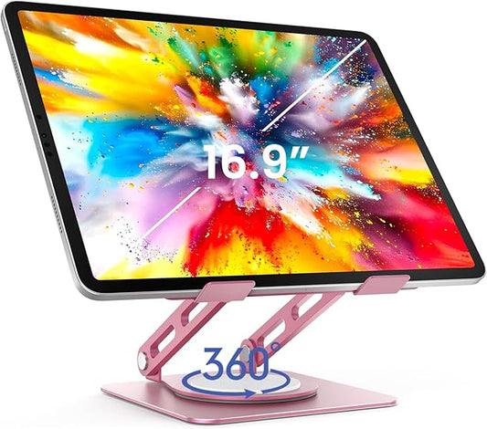 LOXP Metal Tablet Stand, 360 Rotating iPad Stand with Heavy-Duty Base, Tablet Holder Compatible with 4.0-16.9" Device, 2025 iPad Pro Air Mini, Kindle, Surface Tablet, Portable Monitors - Pink