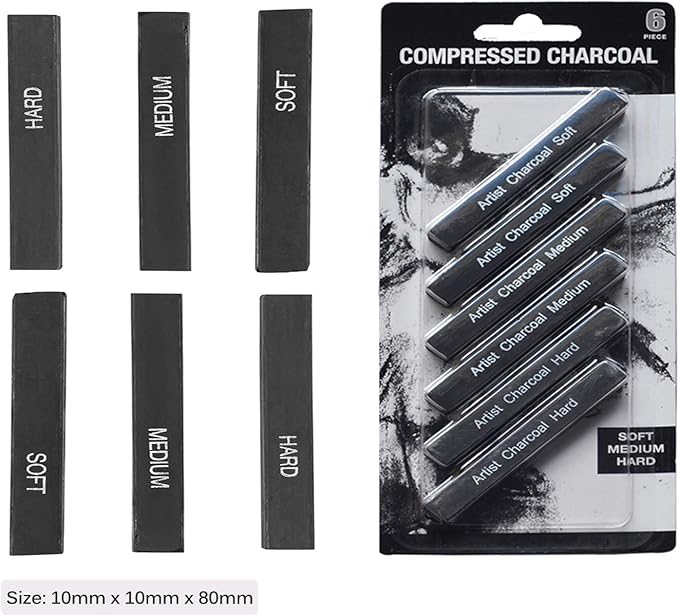 Artist Compressed Charcoal Stick Assorted Soft Medium Hard Artist Charcoal Medium for Drawing Sketching Shading, Art Supplies Sketch Kits Tools Pack of 6