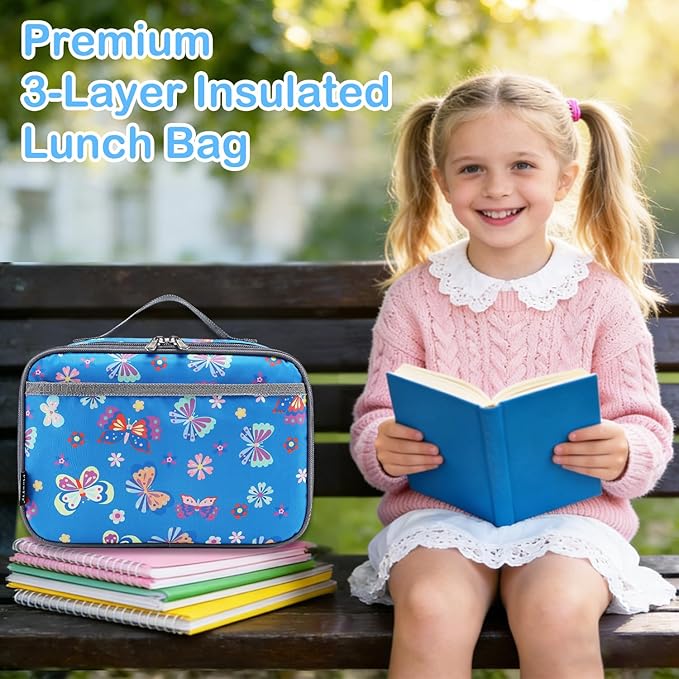 FlowFly Kids Lunch box Insulated Soft Bag Mini Cooler Back to School Thermal Meal Tote Kit for Girls, Boys, Butterfly