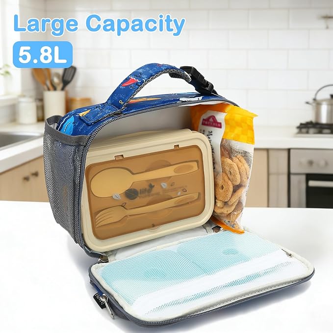 FlowFly Kids Lunch box Insulated Soft Bag Mini Cooler Back to School Thermal Meal Tote Kit for Girls, Boys, Colorful-Shark