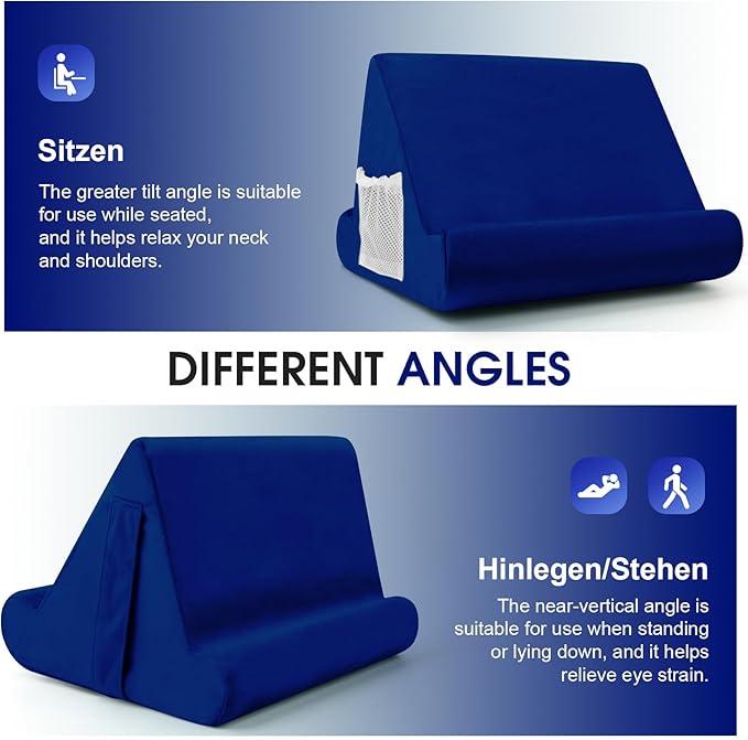 2pcs Multi-Angle Tablet Holder Cushion Stand with Net Pocket & Black Color Phone Stands Upgraded Tablet Pad Support for Phone,Pad,Books (Navy Blue)