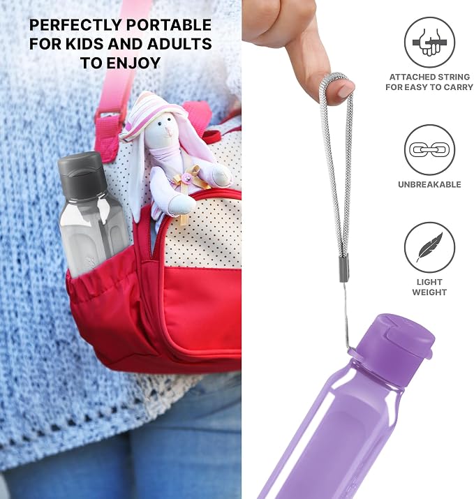 Bulk Set of 8 - 10oz Multicolor Water Bottles for Kids and Adults - Leak Proof With Carry Strap - Square Reusable for Juice, Drinks - BPA-Free Dishwasher-Safe