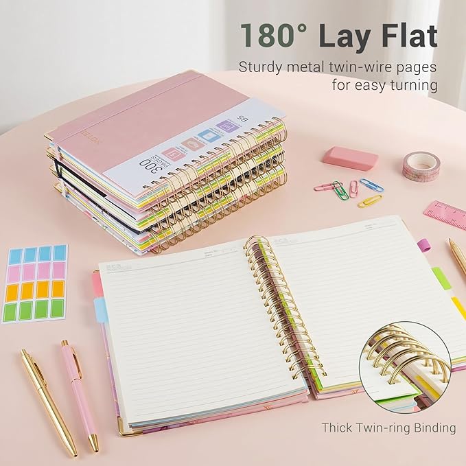 Hardcover Spiral Journal Notebook, 300 Pages 5 Subject Notebook College Ruled with Removable Dividers Tabs, 8" x 10" Notebooks for Work, Spiral Ruled Lined Writing Journal Hardcover Leather Notebook for School (Green, 8''x 10'')
