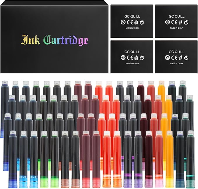 Fountain Pen Ink Cartridges, 72 Pack Assorted Colors Ink Refills (4 Boxes of 18) - Bore Diameter 3.4mm (Assorted Colors)