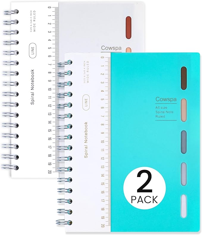 Yoment 2 Pack 5 Subject Notebook Wide Ruled Spiral Notebooks 5x7 with Removable Dividers Tabs, 200 Pages Small Notebooks for Work A5 Spiral Bound Journal for School Office, Blue&White