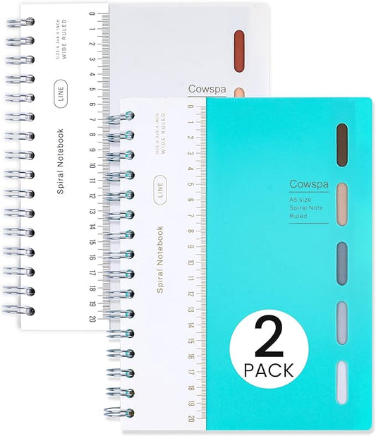 Yoment 2 Pack 5 Subject Notebook Wide Ruled Spiral Notebooks 5x7 with Removable Dividers Tabs, 200 Pages Small Notebooks for Work A5 Spiral Bound Journal for School Office, Blue&White