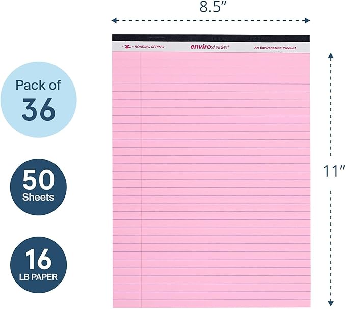 ROARING SPRING Enviroshades Pink Legal Pads, 36 Pack, Legal Ruled Recycled Colored Writing Note Pads, 8.5" x 11", 50 Sheets, Perforated Paper, Made in USA, Memo Pad For School & Office