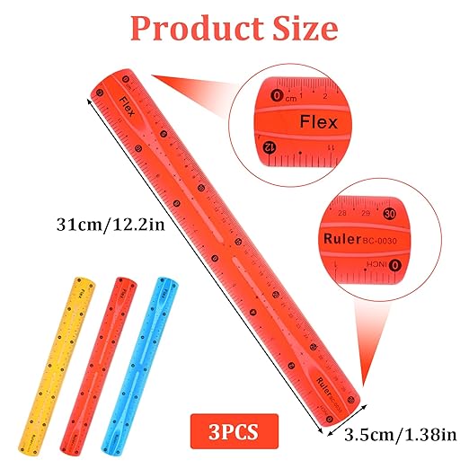 3Pcs Flexible Ruler, 12 Inch Translucent Plastic Rulers Shatterproof Bendy Rulers with Inches and Centimeters Soft Bendable Rulers for Kids Adults Classroom School Home Office (Red Yellow Blue)