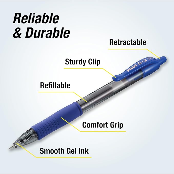 Pilot G2 Premium Gel Roller Pens, 0.7 mm, Blue Ink, Fine Point, Pack of 12 - Ideal for School, Journaling and Office Writing