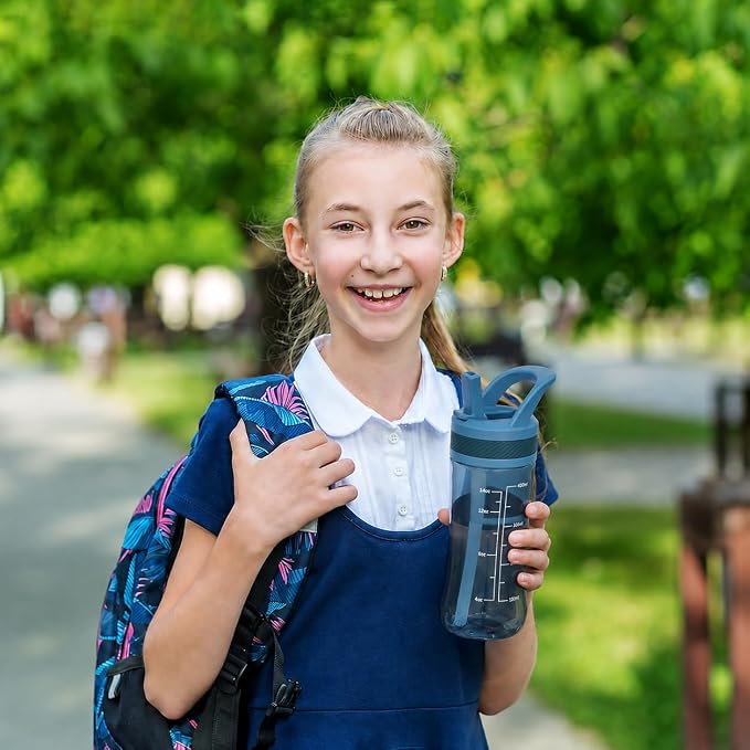 14oz Clear Kids Water Bottle with Straw Lid, BPA-Free Tritan, Measurement Scale, Sturdy Handle Wide Mouth Leak-proof Reusable Plastic Bottle for Boy& Girls, Back to School(Dark blue)