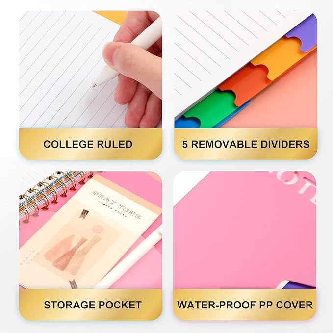 CAGIE 2 Pack 5 Subject Notebook College Ruled 8.5 x 11 Notebooks for Work School Note Taking with Removable Dividers & Pocket Hardcover Spiral Lined Journal Notebook, School Supplies, Pink