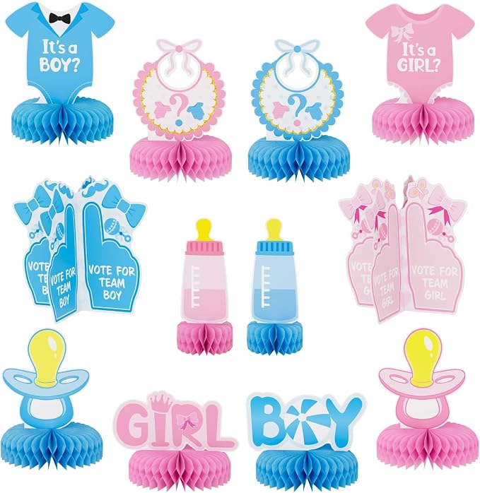 12 Pcs Baby Gender Reveal Table Decorations, Boy or Girl Centerpieces for Tables Honeycomb Centerpieces Blue and Pink Table Decor for Baby Shower Pregnancy Announcements Newborn Party Supplies