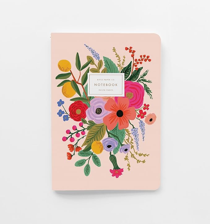 RIFLE PAPER CO. Garden Party Stitched Notebook Set, Set Of 3 Colorful Notebooks, 64 Ruled Pages With Gold Ink, Full Color Canvas Cover With White Text Paper Interior (6" W × 8.5" L)