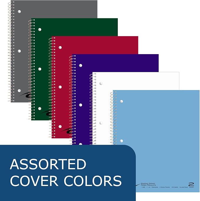 ROARING SPRING 2 Subject Spiral Notebook, 24 Pack, 11" x 9", College Ruled, 100 Perforated Sheets, Assorted Glasscoat Covers, 2 Double Storage Pockets, Made in USA