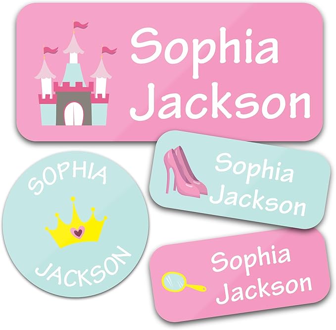 Bunny Badges Personalized Daycare Name Labels for Kids (130 Labels) - Custom Waterproof Name Stickers for Clothing Tags, Water Bottles, Lunch Boxes and School Supplies (Princess)