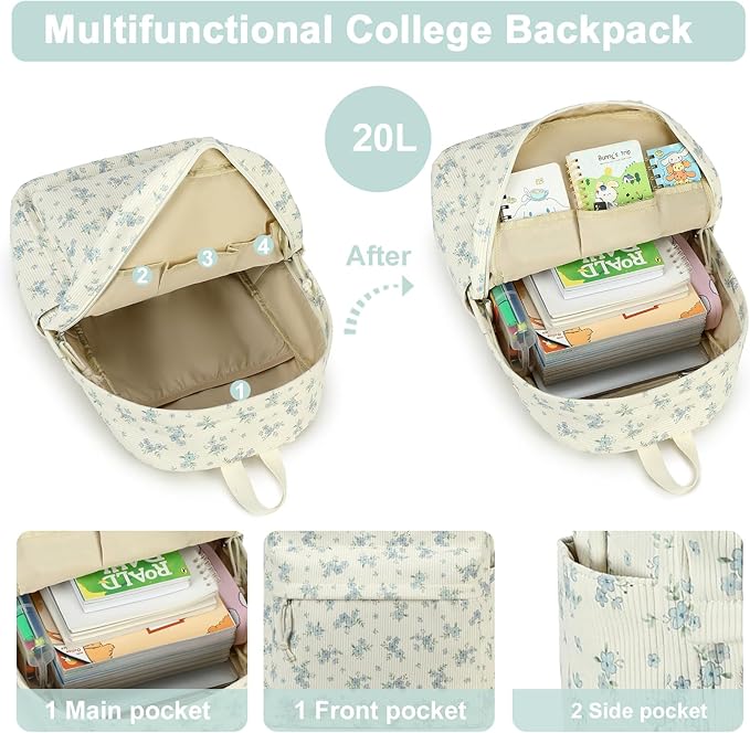 BTOOP School Backpack for Teens Large Corduroy Bookbag Lightweight 15.6 inch Laptop Bag for Girls Women Casual High School College