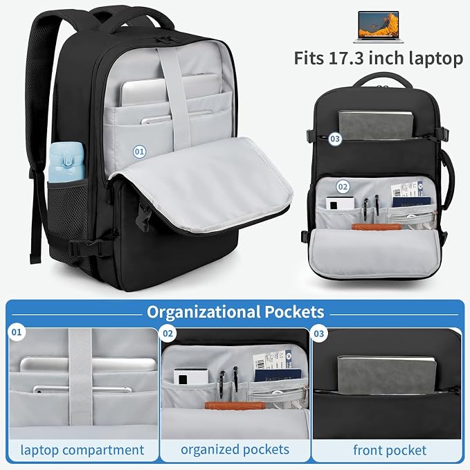 ZOMFELT Travel Backpack for Men, Carry on Backpack for 18.4 inch Laptop | TSA Flight Approved Personal Item Travel Bag Nurse Bag Casual Daypack for Weekender Business Trip, Black