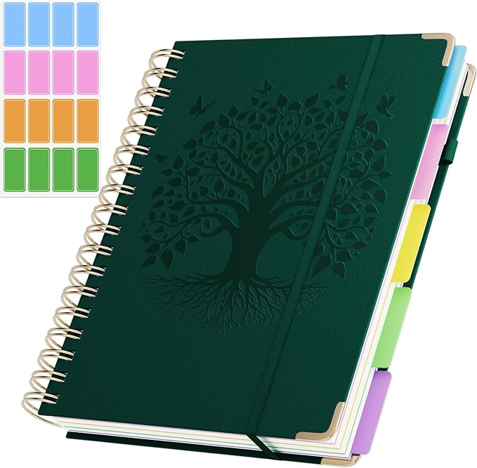 Hardcover Spiral Notebook, B5 Journal with Removable Dividers Tabs, 5 Subject Notebook College Ruled, 320 Pages 8"x10" Leather Notebooks for Work School Study, Lined Journal for Women, Dark Green