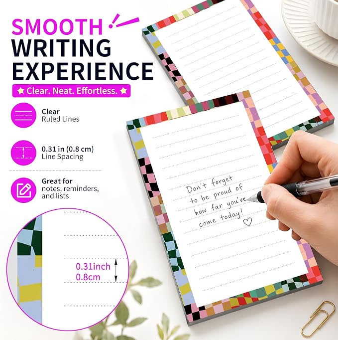 Lined Sticky Notes 4x6 in, 2 Pack Large Cute Notepads with Lines Self-Stick Note Pad, Funny Memo Pads Strong Adhesive for Office, Home Colorful Cute Plaid
