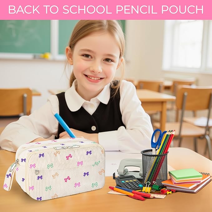 WOBAGMEN Cute Pencil Case,Large Corduroy Zippered Pencil Case Pouch, aesthetic Pencil Bag with Compartments, Pencil Pouch School Supplies (HY-corduroy pc-coloful bow)