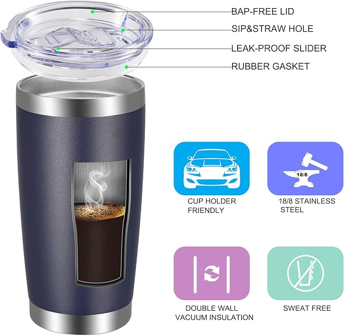 VEGOND 20oz Tumbler with Lid and Straw Stainless Steel Tumbler Cup Bulk Vacuum Insulated Double Wall Travel Coffee Mug Powder Coated Coffee Cup, Navy Blue, 12 Pack
