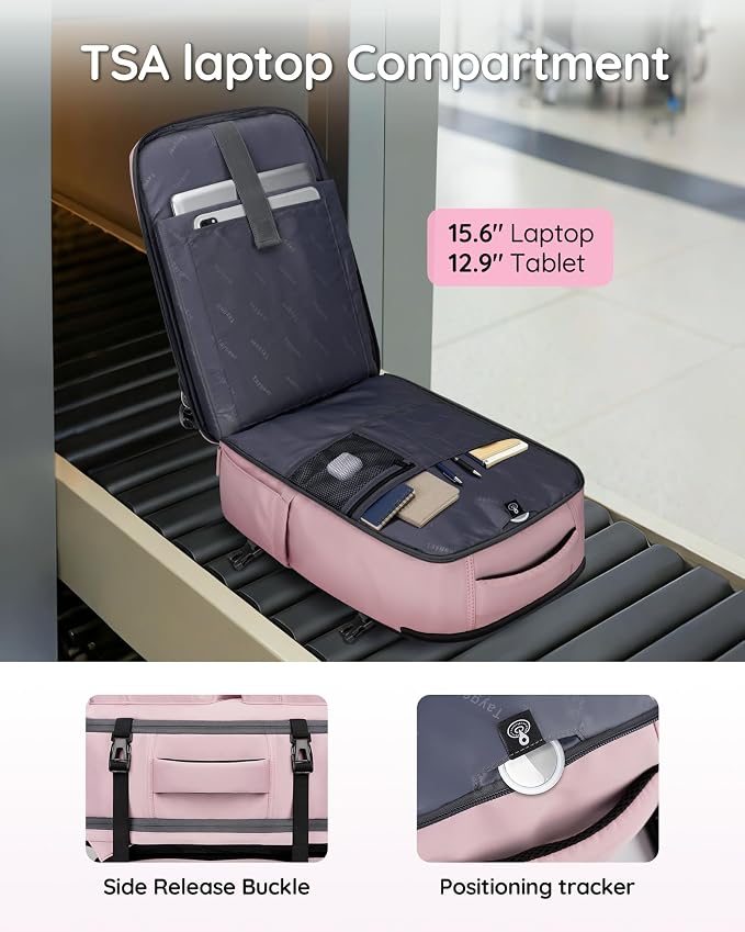 Taygeer Travel Backpack for Women, Travel Personal Item Bag with Shoe Pouch | TSA Approved Under Seat Carry on Backpack with Water Bottle Pocket Fits 15.6inch Laptop, Travel Essentials for Airplanes,Pink