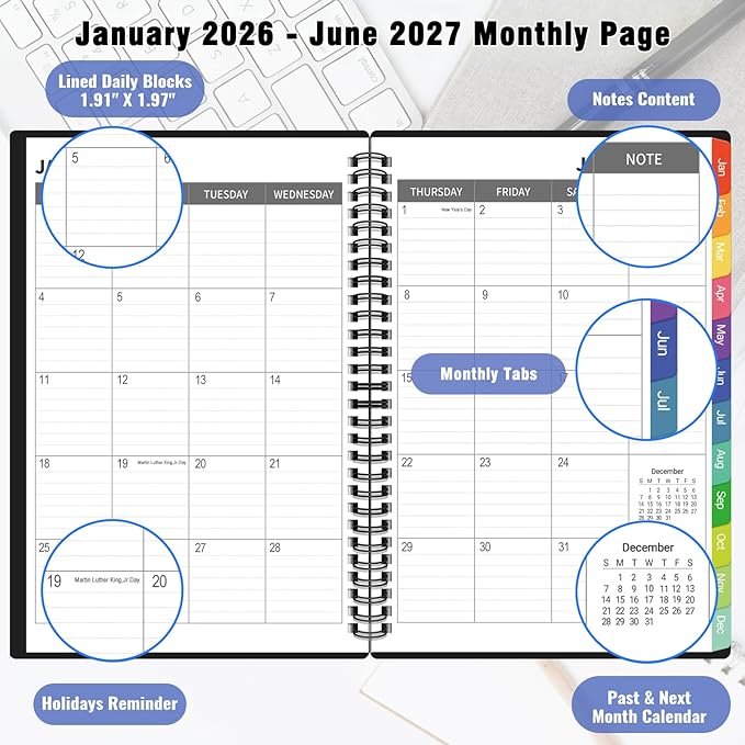 Monthly Planner 2026-2027(7.6'' x 10''), 18 Months Agenda Calendar Planner with Tabs & Pocket, Holidays, Note Pages, Time Management and Hit Your Goals, January 2026 - June 2027, 120GSM Thick Paper