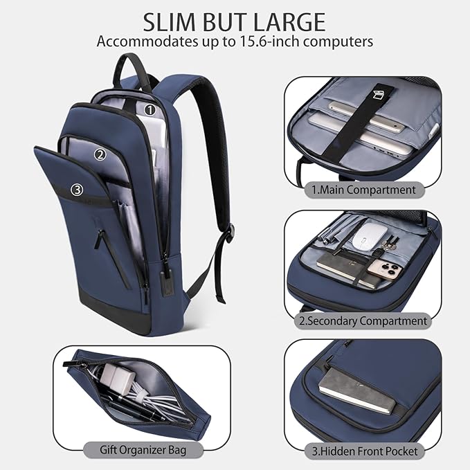 Business Backpack for Men Lightweight Commute Laptop Backpack Anti-Theft Water Resistant Backpack for 15.6 Inch Computer for Daily Office Work with Small Bag (Blue, 15.6")