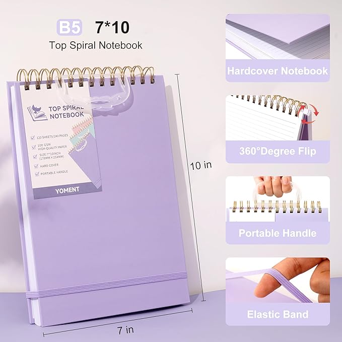 Yoment Top Spiral Notebook, Hardcover Steno Pads, 240 Pages Top Bound Spiral Notebooks, 7"x10" College Ruled Spiral Notepad Left-Handed Notebooks for Work School Office Business,Purple
