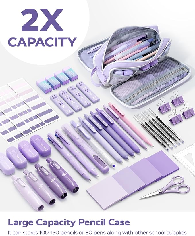 Four Candies Purple School Supplies, Gel Pens with Black Ink,Correction Tapes,Pastel Highlighters, Mechanical Pencils, Sticky Notes, Index Post for Bible Study Stationary College Essentials