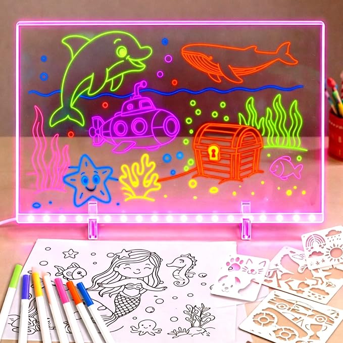 LED Drawing Board for Kids, Large Light Up Writing Tablet, 7 Color Glow Doodle Board with Paint Stencils and Tracking Paper, Birthday Holiday Toy Gift for Boys Girls Age 3+