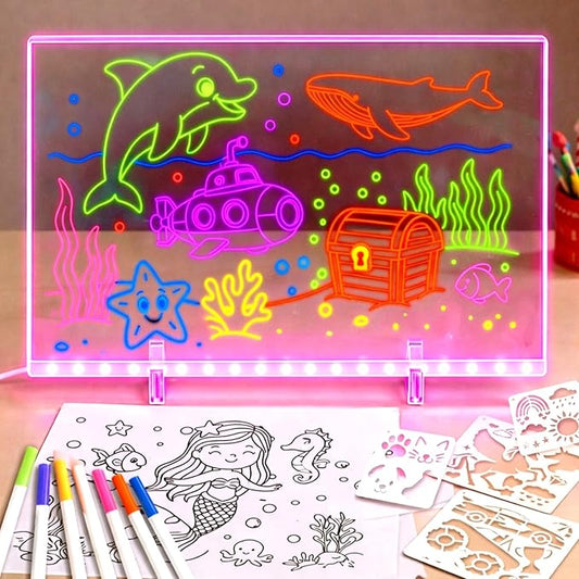 LED Drawing Board for Kids, Large Light Up Writing Tablet, 7 Color Glow Doodle Board with Paint Stencils and Tracking Paper, Birthday Holiday Toy Gift for Boys Girls Age 3+