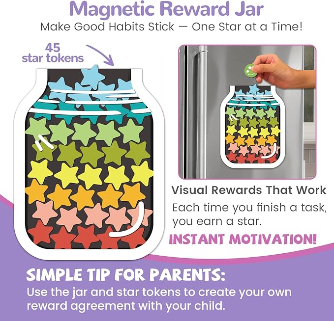 JJPRO Magnetic Reward Chart for Kids with Reward Jar- Behavior Reward Chart System, Toddlers Daily Routine,Visual Schedule Board,96 Reusable Stickers& 45 Star Tokens to Motivate Responsibility