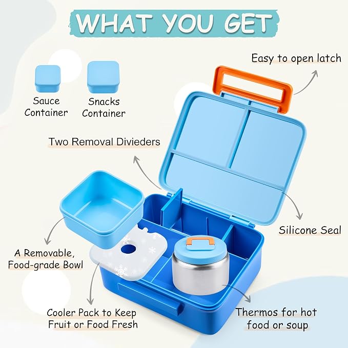 Bento Lunch Box for Kids with 8oz Soup Thermo Leak-Proof Lunch Food Containers with Snack Sauce Container for Kid Girls Boys to School, Blue