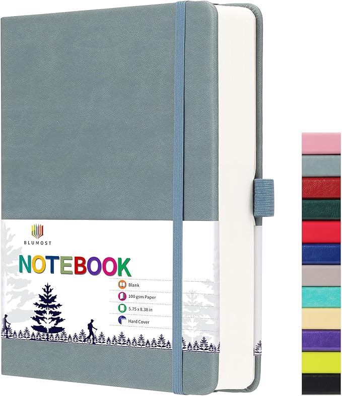 Blank Paper Notebook - 280 Pages A5 Blank Journal Notebook with 100gsm Thick Blank Paper, Hardcover, PU Leather, 5.75'' × 8.38''-Gray Blue