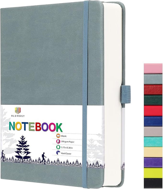 Blank Paper Notebook - 280 Pages A5 Blank Journal Notebook with 100gsm Thick Blank Paper, Hardcover, PU Leather, 5.75'' × 8.38''-Gray Blue
