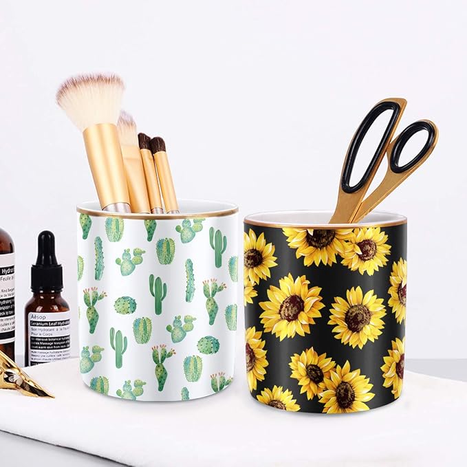 Pen Pencil Holder, Multi-Purpose Holder for Desk Pencil Cup for Girls Boys Kids Durable Ceramic Desk Organizer Makeup Brush Holder for Office, Classroom, Home, Cactus