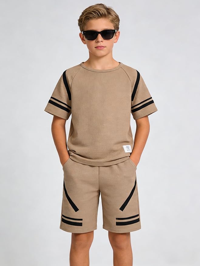 Cakaner Tween Boys Clothes Summer Simple Print T-Shirt And Shorts Set 2 Pieces Teen Trendy Outfits Size 7-14 Year